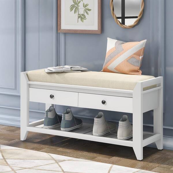 Wooden Shoe Storage Bench w/ Seat Cushion