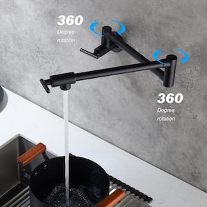 Wall Mounted Folding Pot Filler with Double-Handle Brass stretchable Kitchen Sink Faucet in Matte Black