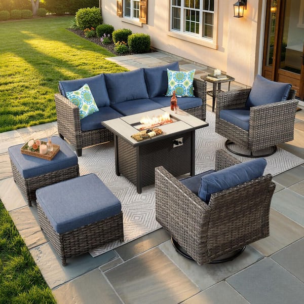 New Vultros Gray 7-Piece Wicker Patio Fire Pit Conversation Seating Set with Blue Cushions Swivel Rocking Chairs