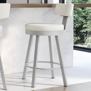 Morgan 30.6 in. Off White Faux Leather/Shiny Grey Metal Low Back Swivel Bar Stool