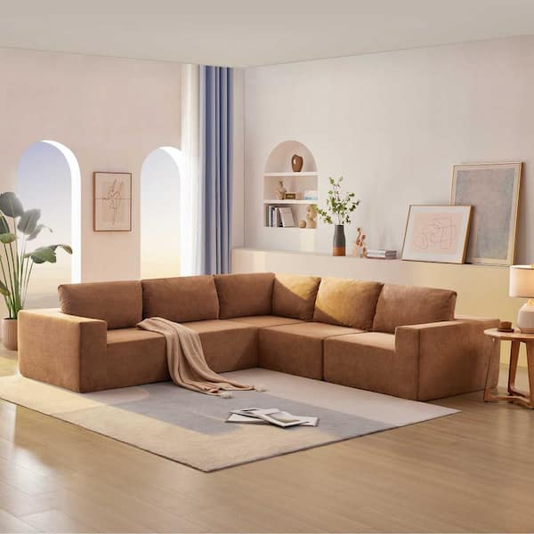 116 in. Square Arm Fabric L-Shaped Sofa with Free Combination in Brown (5-Pieces)