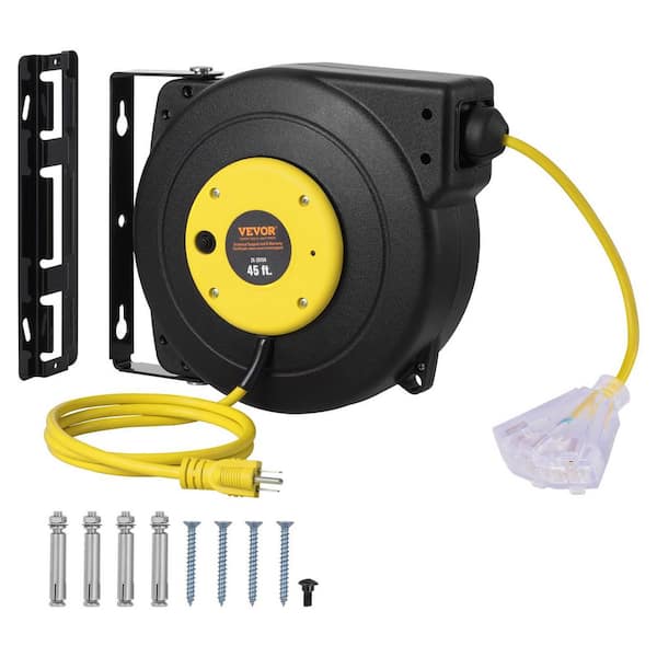 45 ft. 12/3 15 Amp Retractable Extension Cord Reel Heavy Duty SJTOW Retractable Power Cord w/ Lighted Triple Tap Outlet