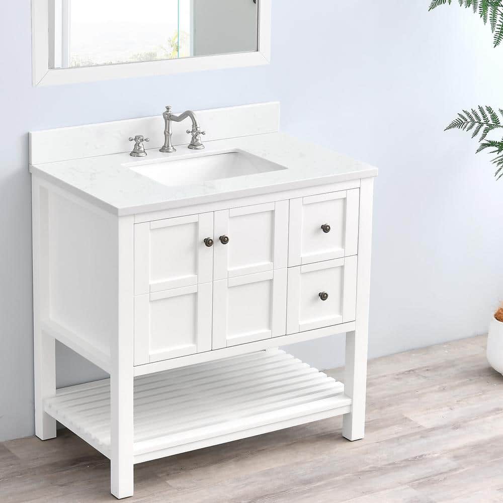 36" White Engineered Stone Vanity Top with Rectangular Sink