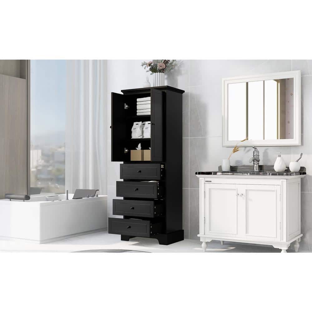 24 in. W x 16 in. D x 68 in. H Black MDF Linen Cabinet with 2-Doors and 4-D