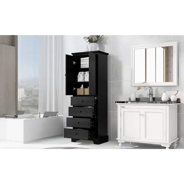 Unbranded 24 in. W x 16 in. D x 68 in. H Black MDF Linen Cabinet with 2-Doors and 4-Drawers