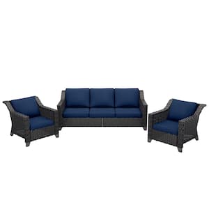 3-Piece Wicker Outdoor Patio Conversation Set Sectional with Blue Cushions
