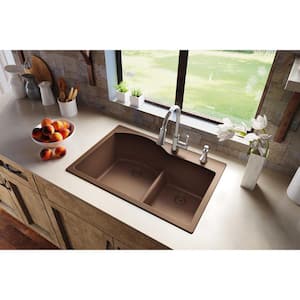 Quartz Classic Drop-in Composite 33 in. Double Bowl Kitchen Sink in Mocha with Color Match Drain