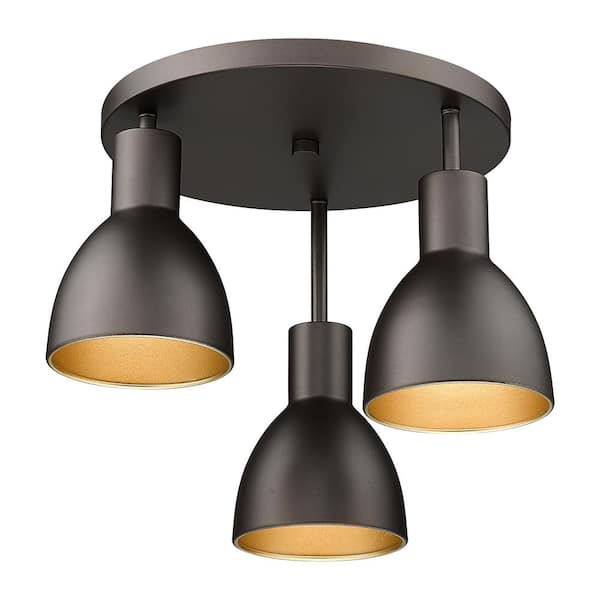 JAZAVA 14 in. 3-Light Oil Rubbed Bronze Semi-Flush Mount with Metal Shade and No Bulbs Included