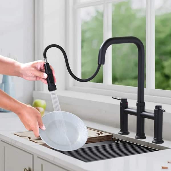 3-Hole 8 in. Double Handle Brass Bridge Kitchen Faucet with 2-Mode Pull Down Sprayer and Supply Lines in Matte Black