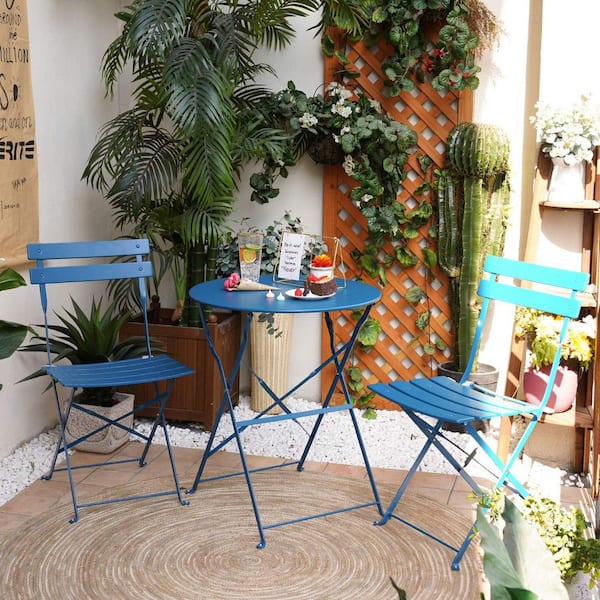 blue metal garden table and chairs