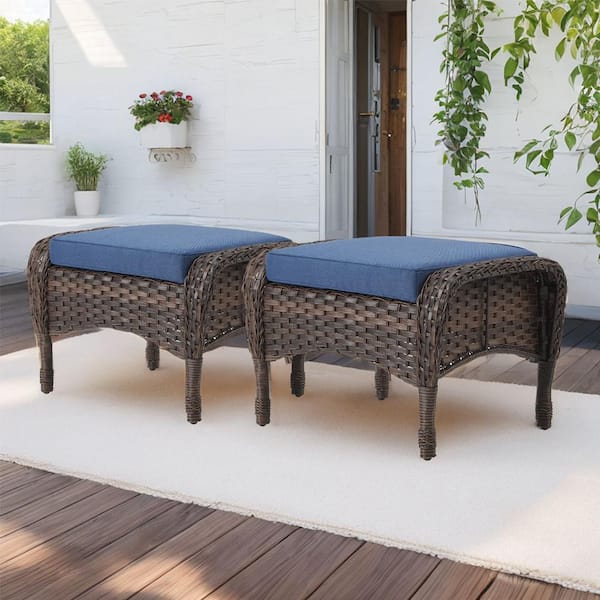Gymojoy Carlos Brown Wicker Outdoor Ottoman with Blue Cushions