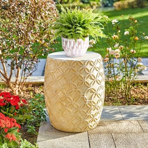 18 in. H Multi-Functional MGO Resin Antique White Grid Garden Stool or Drum Table or Outdoor Planter Stand