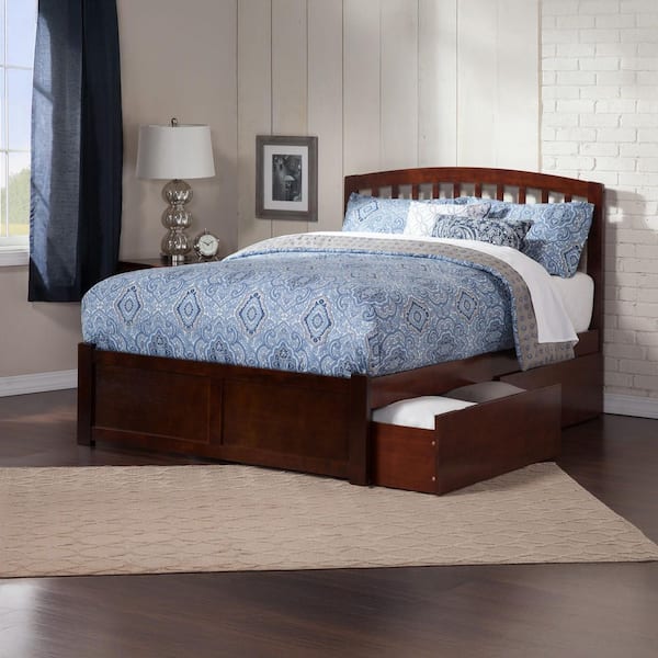 AFI Richmond Walnut Queen Solid Wood Storage Platform Bed with Flat Panel Foot Board and 2 Bed Drawers