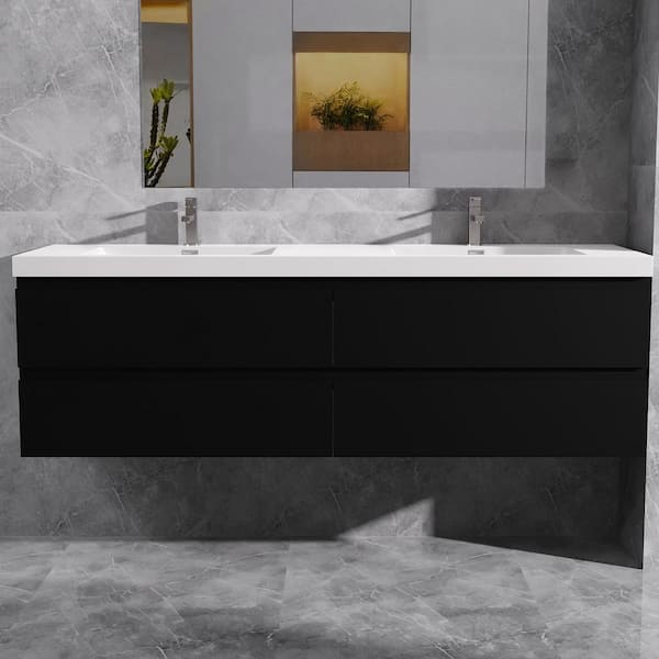 Opvande Alice 72 in. W x 20 in. D x 22 in. H Double Floating Vanity in Black with Solid Surface Sink Top in White