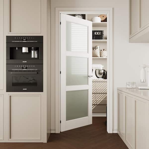 32 in. x 80 in. 3-Lite Tempered Frosted Glass and Solid Core Manufacture Wood White Primed Interior Door Slab