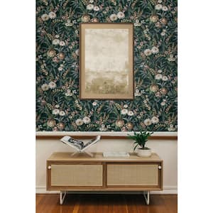 30.75 sq. ft. Forest Green Vintage Floral Vinyl Peel and Stick Wallpaper Roll