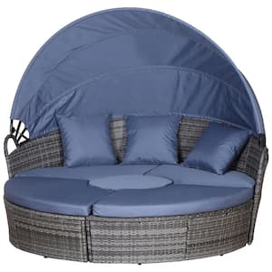 Grey 5-Piece Cushioned Plastic Rattan Wicker Outdoor Sunbed or Conversational Sofa Set with Sun Canopy and Blue Cushions