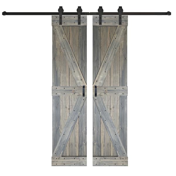 ISLIFE K Series 48 in. x 84 in. Aged Barrel Finished DIY Solid Wood Double Sliding Barn Door with Hardware Kit