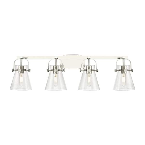 Innovations Pilaster II Cone 36.5 in. 4-Light Polished Nickel Vanity Light with Glass Shade
