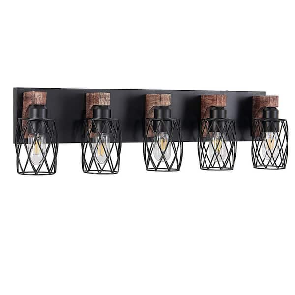 31 in. 5-Light Black Vanity Light with Wood Accents and Drum Metal Cage Shade
