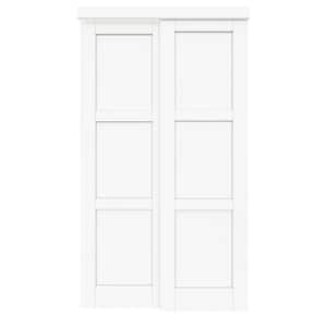 48 in. x 80 in. Paneled 3-Lite White Primed MDF Muti-Design Sliding Door with Hardware