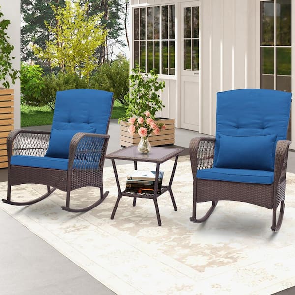 ANGELES HOME 3-Pieces Wicker Patio Conversation Set Rocking Bistro Set with 2-Tier Coffee Table, Blue Cushions