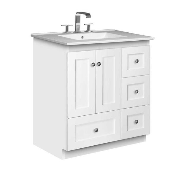 Simplicity by Strasser Shaker 31 in. W x 22 in. D x 35 in. H Vanity with Right Drawers in White with Vanity Top in White