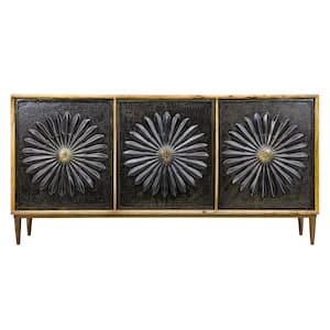 Adah 69 in. Light Natural Mango Wood Storage Cabinet with Metal Cladded Pattern Door Facades in Antique Bronze Finish