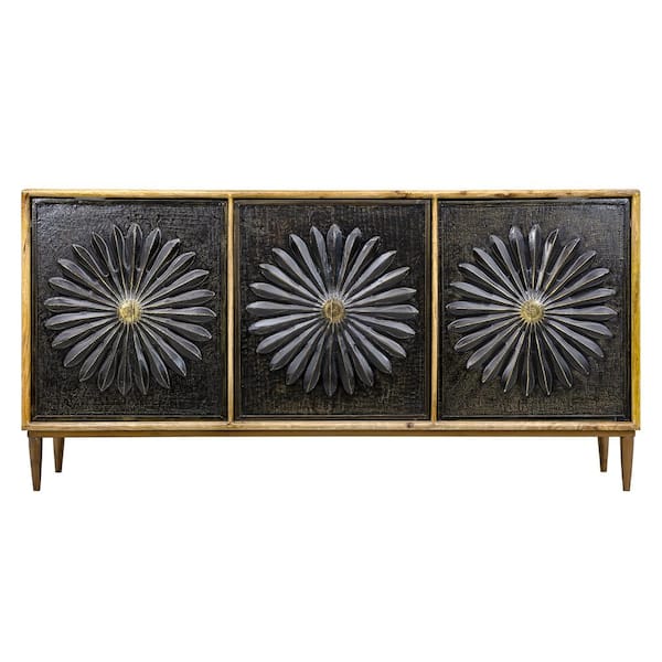 Yosemite Home Decor Adah 69 in. Light Natural Mango Wood Storage Cabinet with Metal Cladded Pattern Door Facades in Antique Bronze Finish