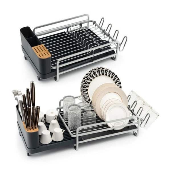 TOOLF Dish Rack, Large Capacity Dish Drainer, Dish Drying Rack with Cutlery Holder, Removable Drip Tray, Cup Holder, Compact Kitchen Drainers for Coun