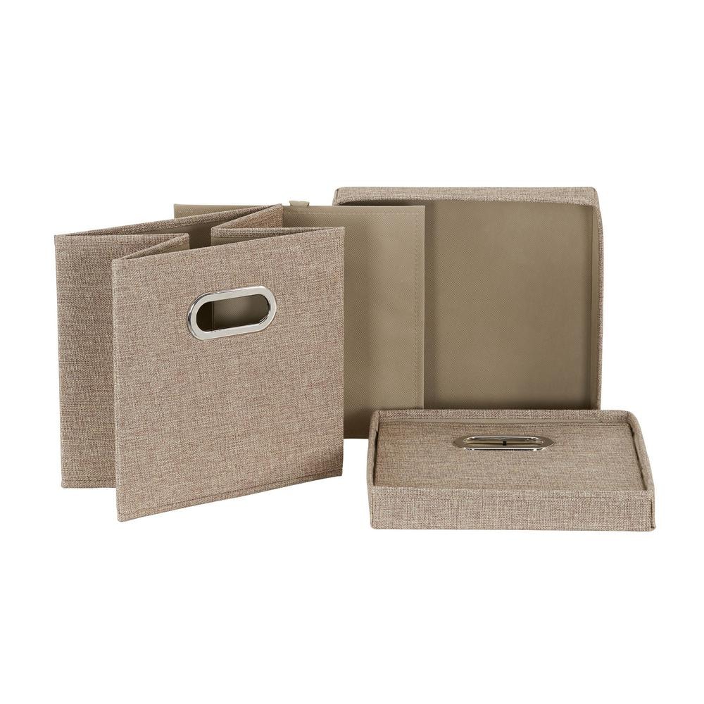 Set of 2 Beige Linen Fabric Collapsible Storage Cubes with Lids