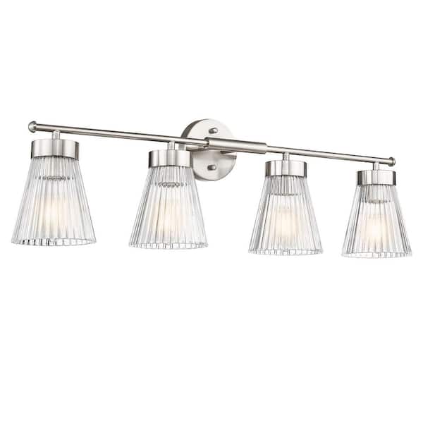 JAZAVA 32.3 in. 4 Light Brushed Nickel Vanity Light with Glass Shade