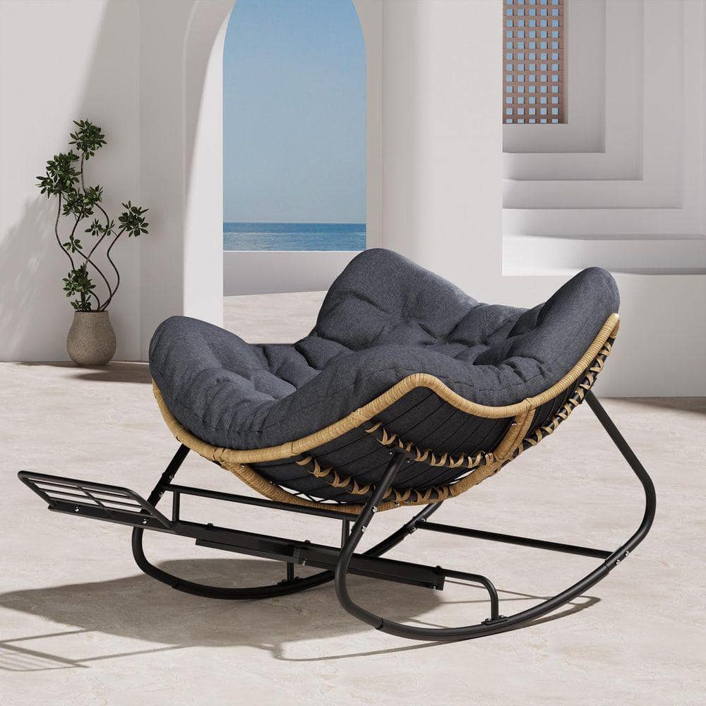 Oversized PE Wicker Outdoor Rocking Chair with Footrest and Gray Cushion