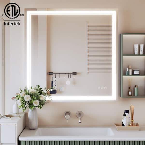 36 in. W x 36 in. H Modern Square Frameless LED Lighted Anti-Fog Wall Bathroom Vanity Mirror in Tempered Glass