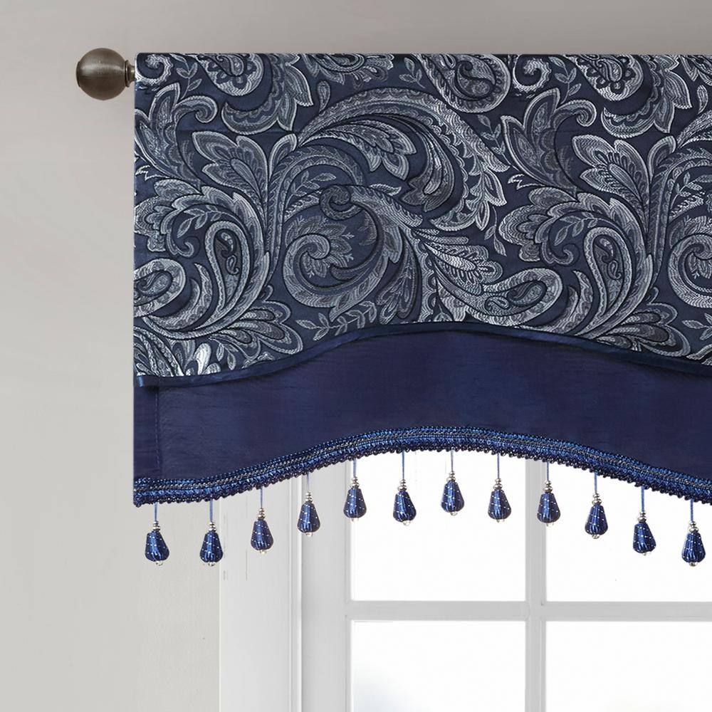 Navy Faux Silk Jacquard Beaded Window Valance