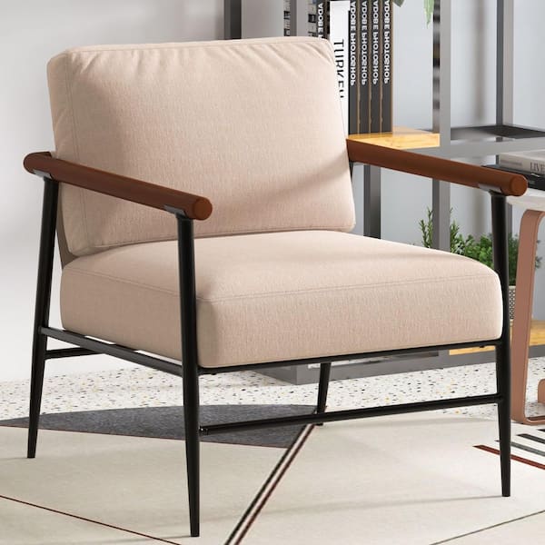 Beige Modern Accent Chair with Wood Armrests and Black Metal Frame, Cushion and Backrest