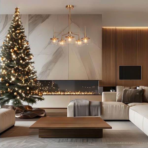 Quoridan Modern 5-Light Plated Brass Dining Room Chandelier Lighting Large Kitchen Pendant with Clear Seedy Glass Shades