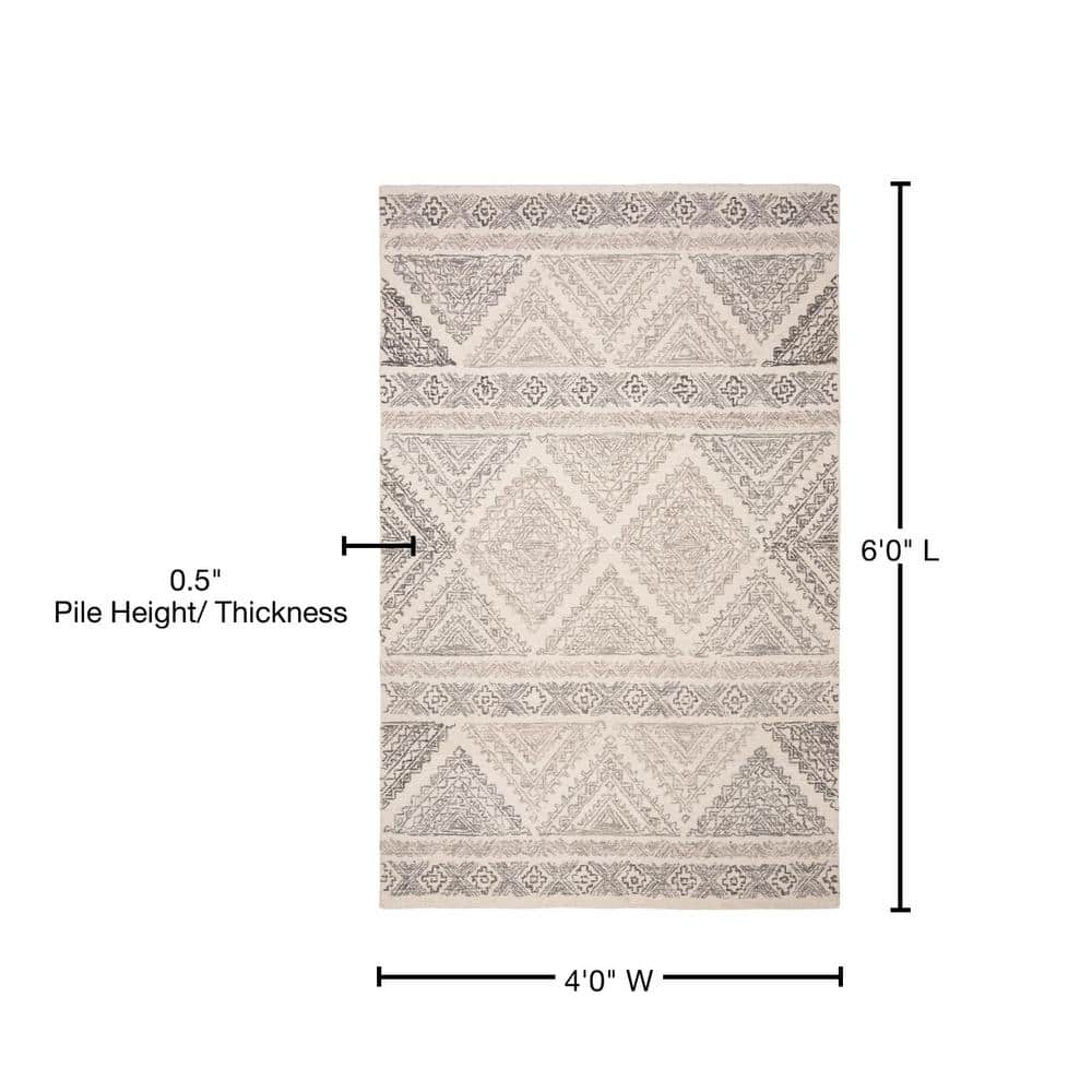 Ivory and Light Brown Geometric Wool 4' x 6' Handmade Tufted Rug