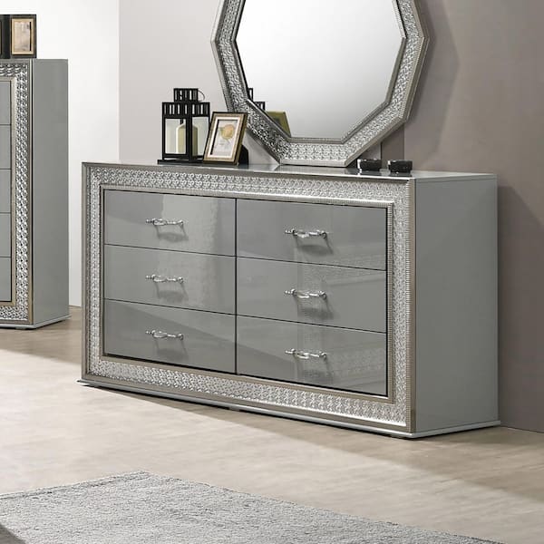 Furniture of America Curton Metallic Gray 6-Drawer 59 in. Dresser with Metallic Scale Molding Trim