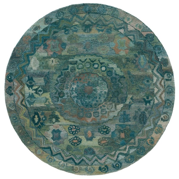 SAFAVIEH Anatolia 6 ft. x 6 ft. Aqua/Green Abstract Traditional Round Area Rug