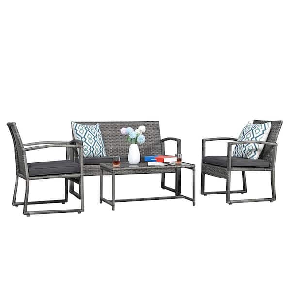Freestyle 4-Piece Wicker Grey Outdoor Conversation Set with Coffee Table, Dark Grey Cushions