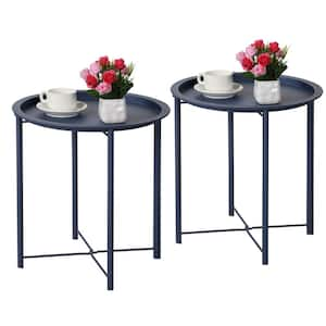 Round Side/End Table, Folding Round Metal Anti-Rust and Waterproof Outdoor or Indoor Tray, 18.5 in. W Blue Set of 2