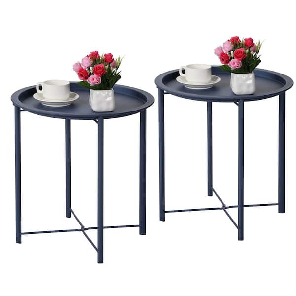 Round Side/End Table, Folding Round Metal Anti-Rust and Waterproof Outdoor or Indoor Tray, 18.5 in. W Blue Set of 2