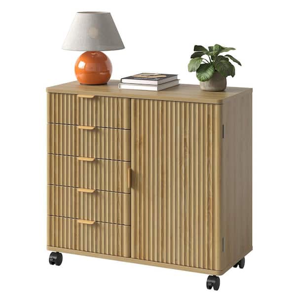 Bestier 5-Drawer Natural Oak Wood 32 in. W Rolling Lateral File