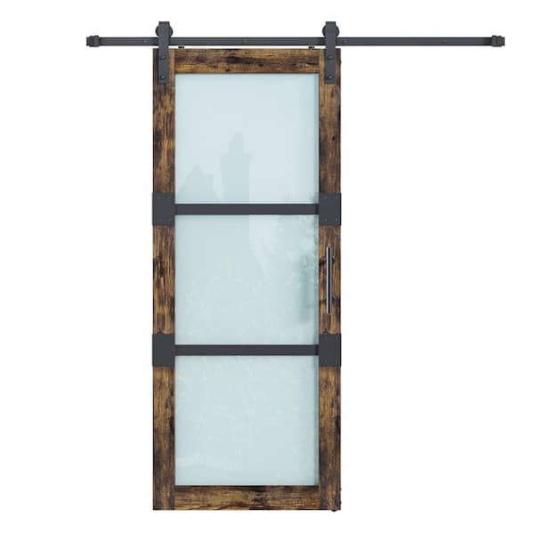 36 in. x 84 in. 3-Panel Frosted Glass Weathered Bronze Finished MDF Core Sliding Barn Door with Hardware Kit