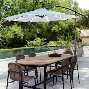 10 ft. Hanging Offset Cantilever Patio Market 8 Ribs Umbrella with Base Stand LED Lighted in Striped Blue
