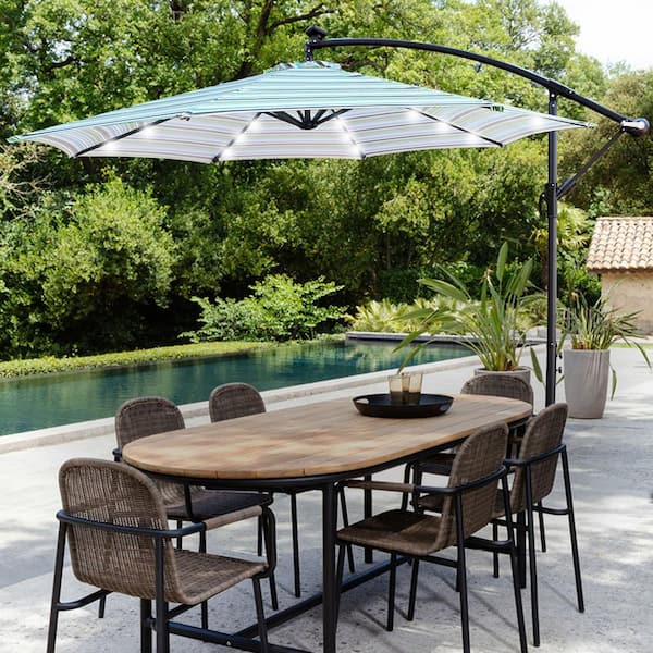 Tunearary 10 ft. Hanging Offset Cantilever Patio Market 8 Ribs Umbrella with Base Stand LED Lighted in Striped Blue