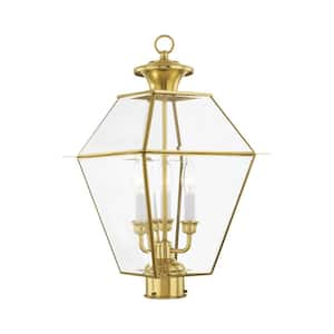 Ainsworth 22 in. 3-Light Polished Brass Solid Brass Hardwired Outdoor Rust Resistant Post Light with No Bulbs Included