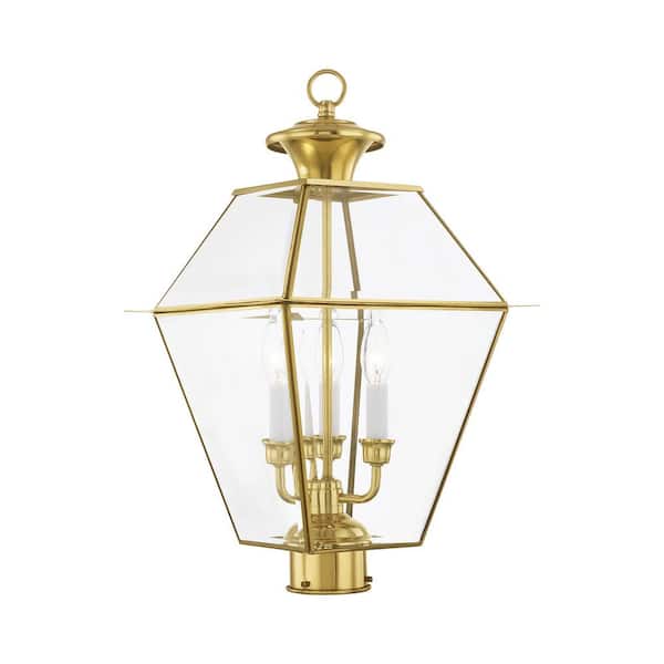 AVIANCE LIGHTING Ainsworth 22 in. 3-Light Polished Brass Solid Brass Hardwired Outdoor Rust Resistant Post Light with No Bulbs Included