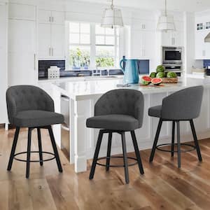 26 in. Gray Fabric Metal Frame Upholstered Counter Height Swivel Bar Stools with Bronze Rivets (Set of 3)